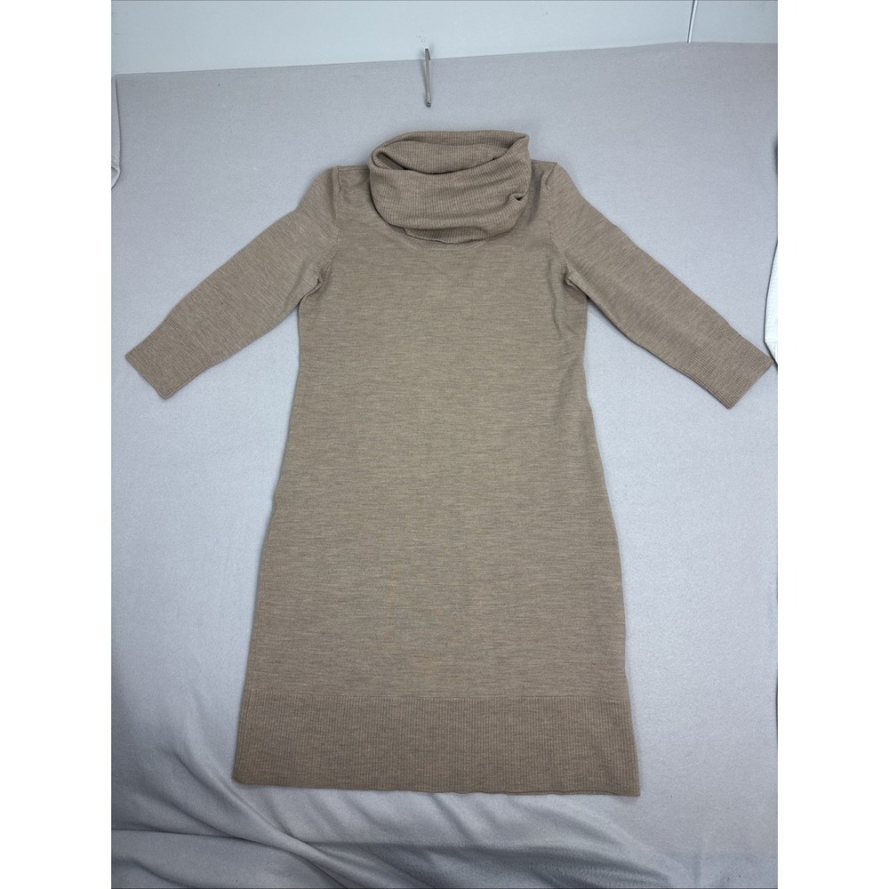 Talbots Cowl Neck MerinoWool Sweater Tunic Pullover Dress‎ 3/4Sleeve Beige Sz PM